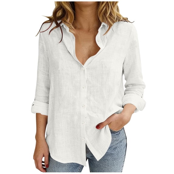 HAiming Women’s Linen Button down Dress Shirts Long Sleeve Solid Color Blouses Lapel Collar Casual Tops