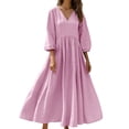 thumbnail image 1 of HAiming Women's Linen Dresses Flowy V Neck 3/4 Length Sleeve Solid Color Classic Casual Stylish Maxi Sundress Summer Vacation Dress, 1 of 7