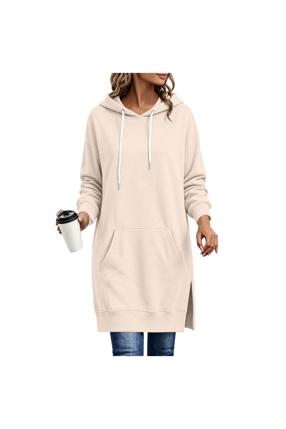 Women's Long Hoodies Long Sleeve Side Slit Drawstring Sweatshirts with Pockets Loose Casual Workout Tops