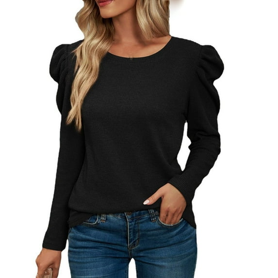 HAiming Women's Long Puff Sleeve Tops Casual Round Neck Pullover Knit Shirts 2025 Trendy Loose Comfy Solid Blouse