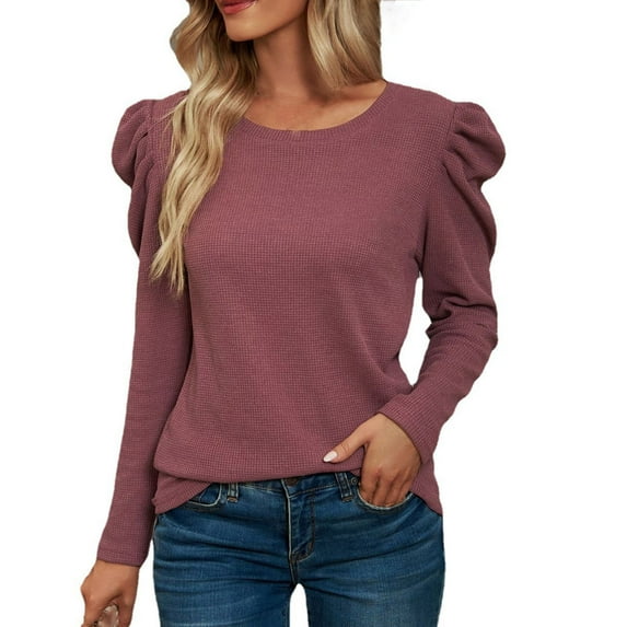 HAiming Women's Long Puff Sleeve Tops Casual Round Neck Pullover Knit Shirts 2025 Trendy Loose Comfy Solid Blouse