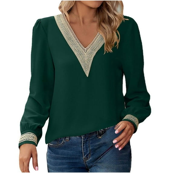 HAiming Women's Long Sleeve Chiffon Tops Solid Color Lace V-Neck Shirt Dressy Casual Loose Business Tunic Blouses
