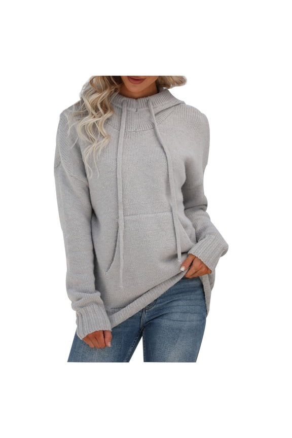 Women's Long Sleeve Hooded Sweater Trendy Turtleneck Knitted Tops Winter Casual Warm Jumper Tops with Pocket