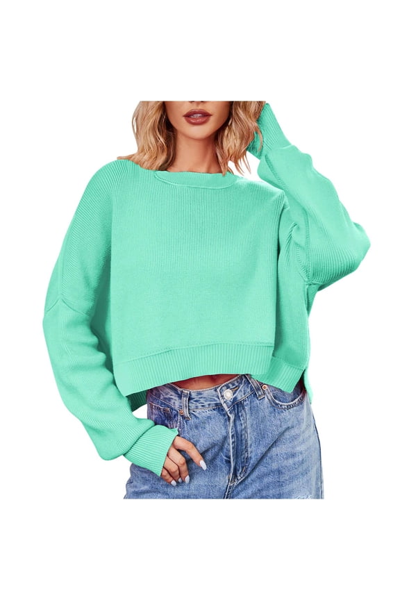 Women's Long Sleeve Knit Pullover Sweaters Causal Crew Neck Crop Tops Oversized Pullover Sweater Loose Jumper