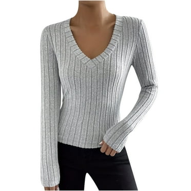 HAiming Women's Long Sleeve Ribbed Knit Shirts Trendy Solid Color V-Neck Pullover Tops Fall Winter Casual Base Blouse
