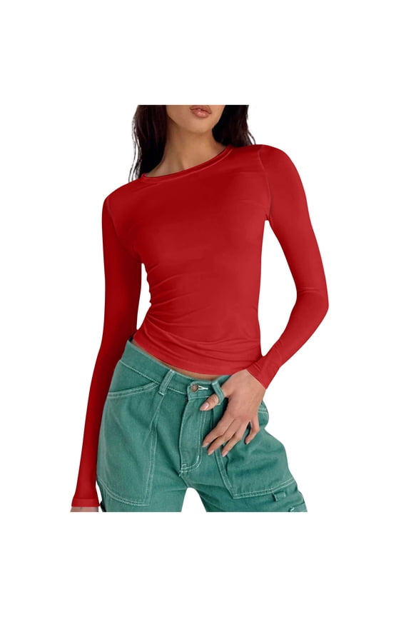 Cropped Tops for Women Slim Fitted Solid Color Long Sleeve Round Neck Basic Tee Pullover Blouse
