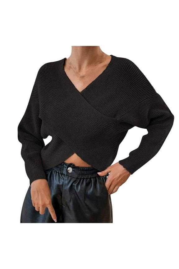 Women's Long Sleeve Sweaters Crossover V Neck Wrap Front Ribbed Knit Crop Pullover Jumper Casual Solid Tops