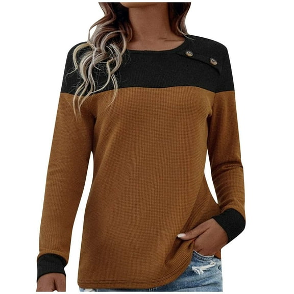 HAiming Women's Long Sleeve Tops Trendy Color Block Round Neck Pullover Shirts 2025 Casual Comfortable Loose Blouse