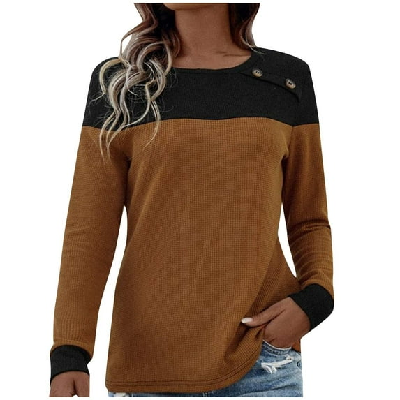HAiming Women's Long Sleeve Tops Trendy Color Block Round Neck Pullover Shirts 2025 Casual Comfortable Loose Blouse