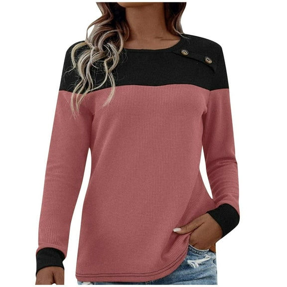 HAiming Women's Long Sleeve Tops Trendy Color Block Round Neck Pullover Shirts 2025 Casual Comfortable Loose Blouse