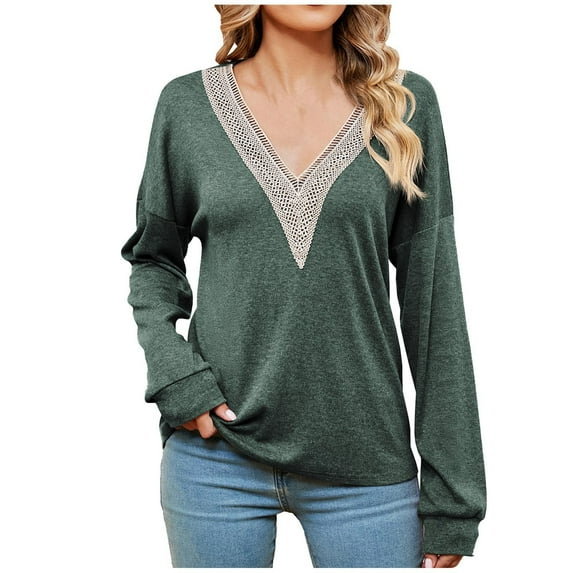 HAiming Women's Long Sleeve Tops Trendy Lace Trim V Neck Pullover Shirts Fall Winter Casual Loose Tunic Blouses