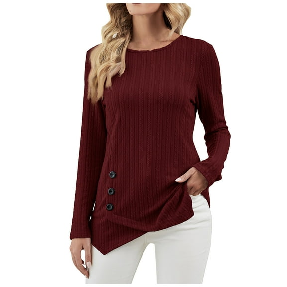HAiming Women's Long Sleeve Tunic Tops Solid Color Round Neck Button Shirt Fall Winter Trendy Casual Pullover Blouse