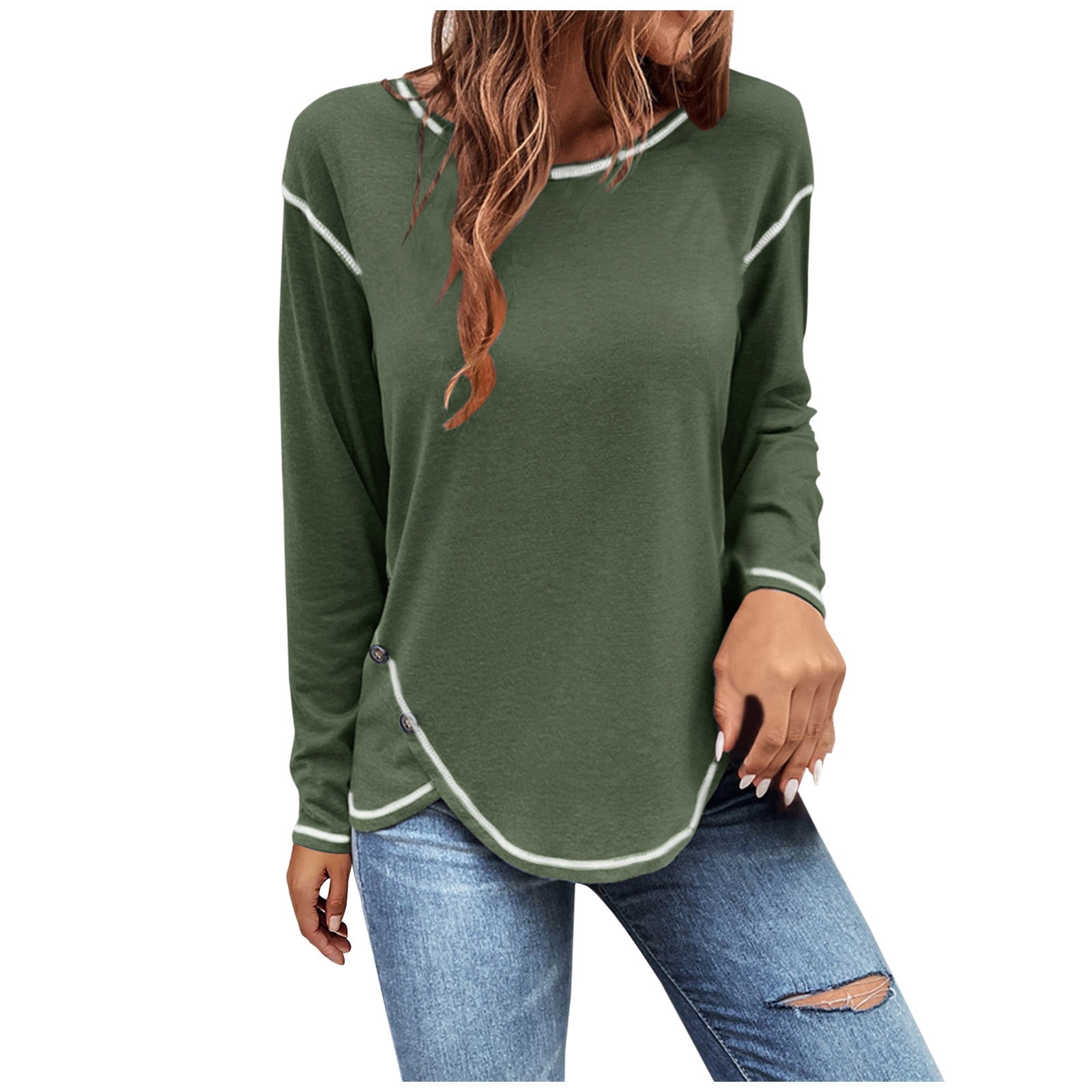 Women's Long Sleeve Tunic Tops Solid Color Round Neck Pullover Shirts Plus Size Casual Loose Dressy Blouses