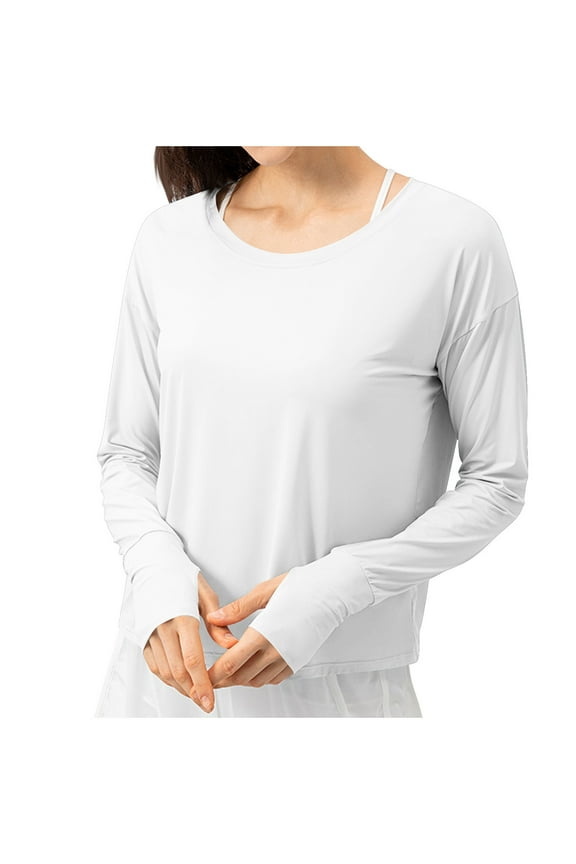 Women's Long Sleeve Workout Shirts Athletic Round Neck Hiking Comfortable Breathable Tops with Thumb Hole