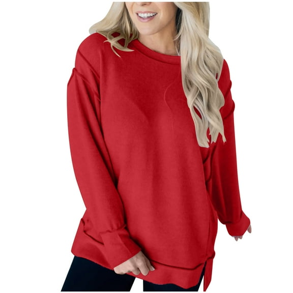 HAiming Women's Long Sleeved Sweatshirts Trendy Solid Color Round Neck Pullover Tops Plus Size Loose Casual Blouses