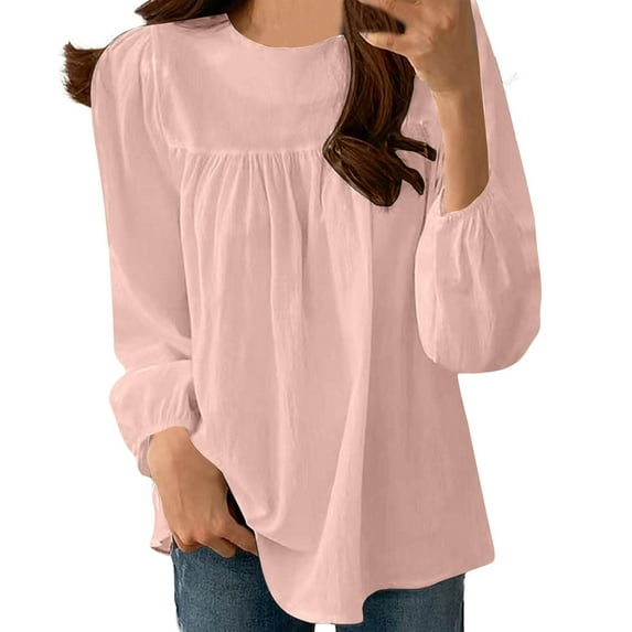 HAiming Women's Long Sleeved Tops Solid Color Round Neck Pleated Pullover Shirts 2024 Plus Size Casual Loose Blouse