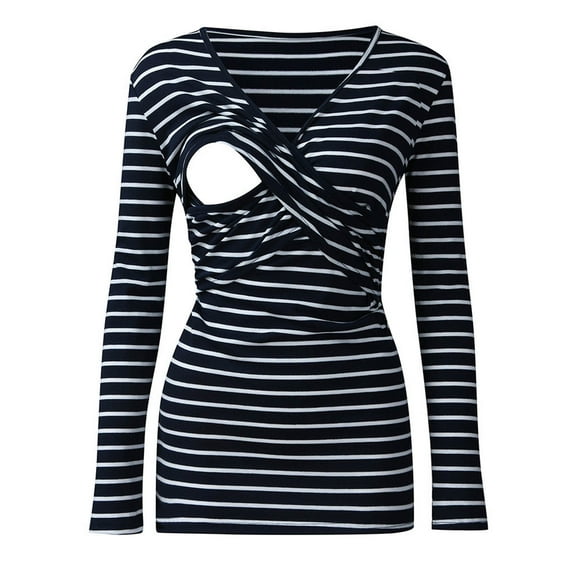 HAiming Women's Maternity Nursing Tops Striped Long Sleeve V Neck Breastfeeding T-Shirt Solid Color Trendy Clothes