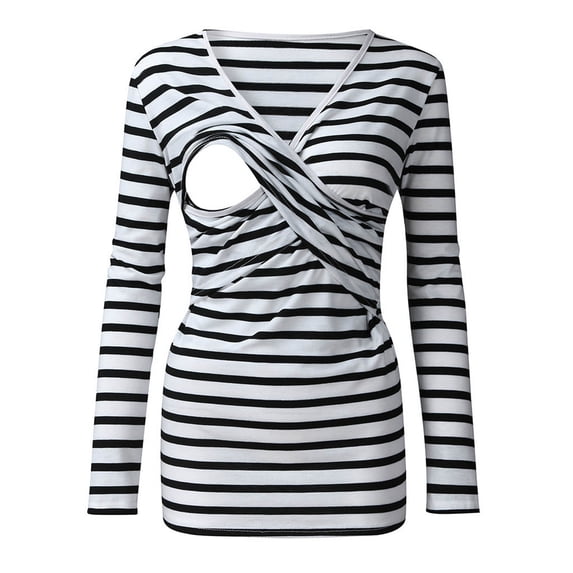 HAiming Women's Maternity Nursing Tops Striped Long Sleeve V Neck Breastfeeding T-Shirt Solid Color Trendy Clothes