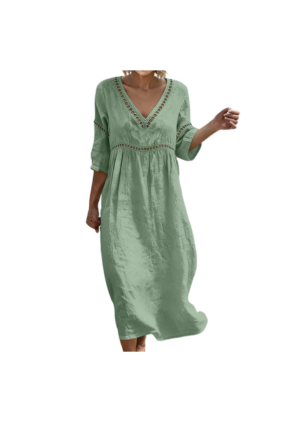Women's Maxi Dresses Loose Lounge V Neck 3/4 Length Sleeve Solid Color Classic Elegant Maxi Sundress Summer Vacation Dress