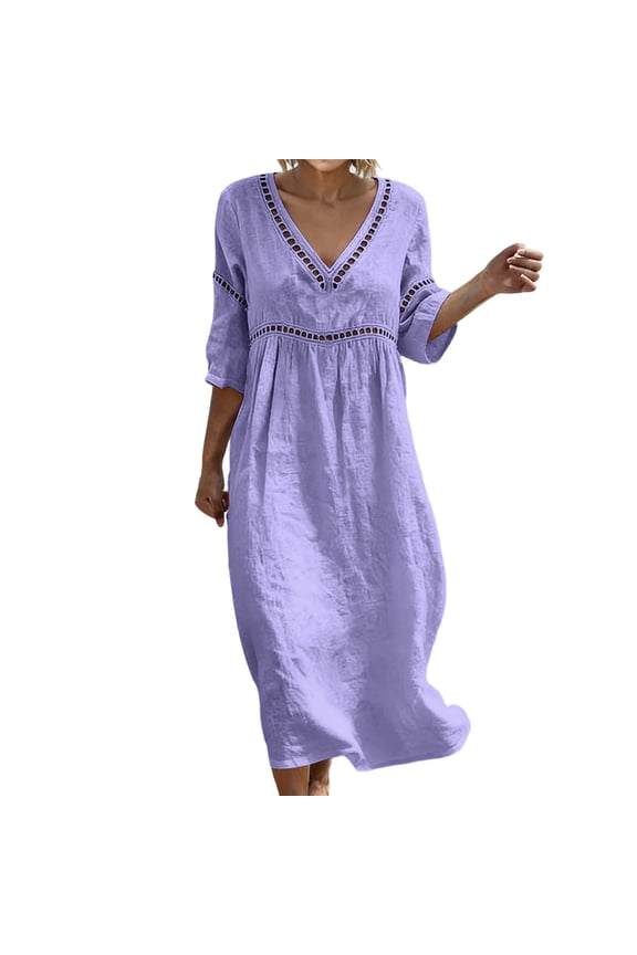 Women's Maxi Dresses Loose Lounge V Neck 3/4 Length Sleeve Solid Color Classic Elegant Maxi Sundress Summer Vacation Dress
