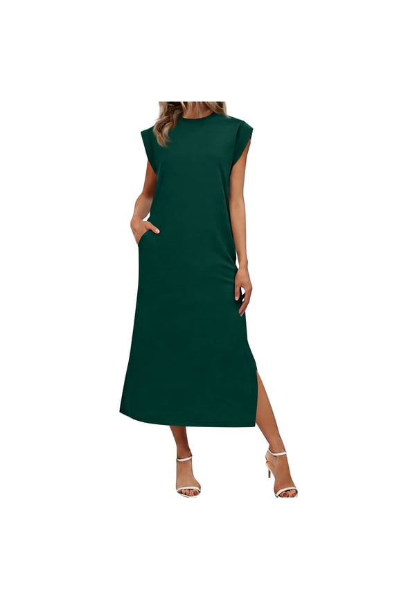 Women's Maxi Dresses Scoop Neck Solid Color Sleeveless Elegant Sundress Summer Vacation Dressy Casual Dress with Side Slit