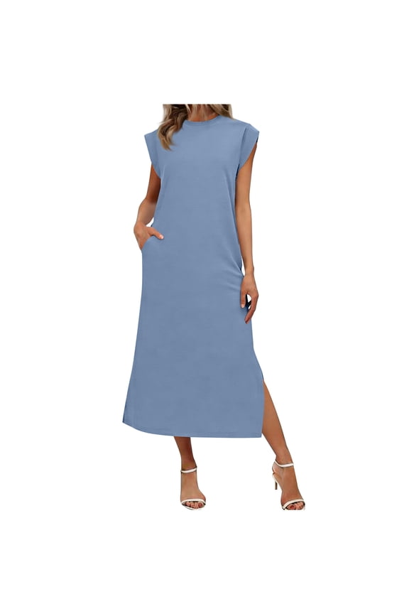 Women's Maxi Dresses Scoop Neck Solid Color Sleeveless Elegant Sundress Summer Vacation Dressy Casual Dress with Side Slit