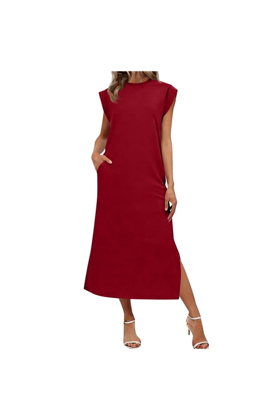 Women's Maxi Dresses Scoop Neck Solid Color Sleeveless Elegant Sundress Summer Vacation Dressy Casual Dress with Side Slit