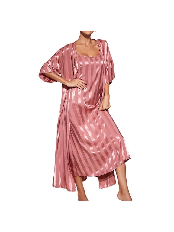 Women's Nightgown Robe Set 2 Piece Striped Satin Long Bathrobes Soft Cozy Sleepwear Silky Pajamas Loungewear