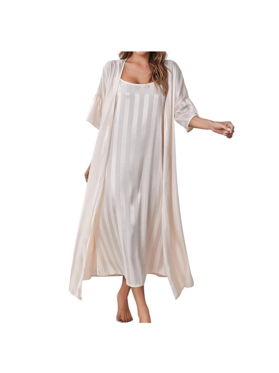 Women's Nightgown Robe Set 2 Piece Striped Satin Long Bathrobes Soft Cozy Sleepwear Silky Pajamas Loungewear