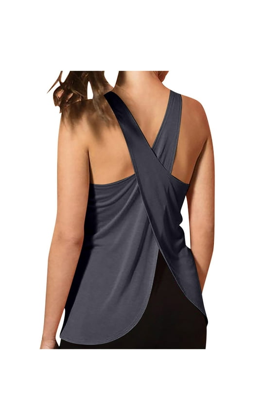 Women's Open Back Workout Tank Top Round Neck Backless Yoga Shirts Quick Drying Casual Sports Blouse