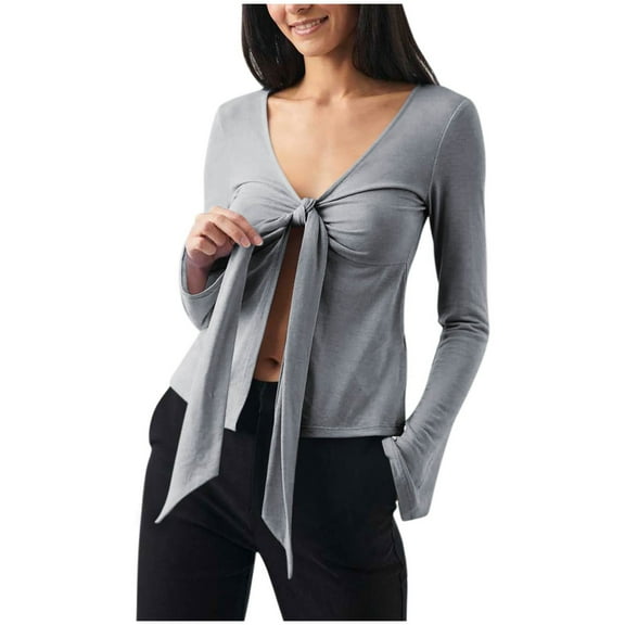 HAiming Women's Open Front Bow Tie Long Sleeve Cropped Tops Solid Color V Neck Trendy Casual Slim Shirts Blouses