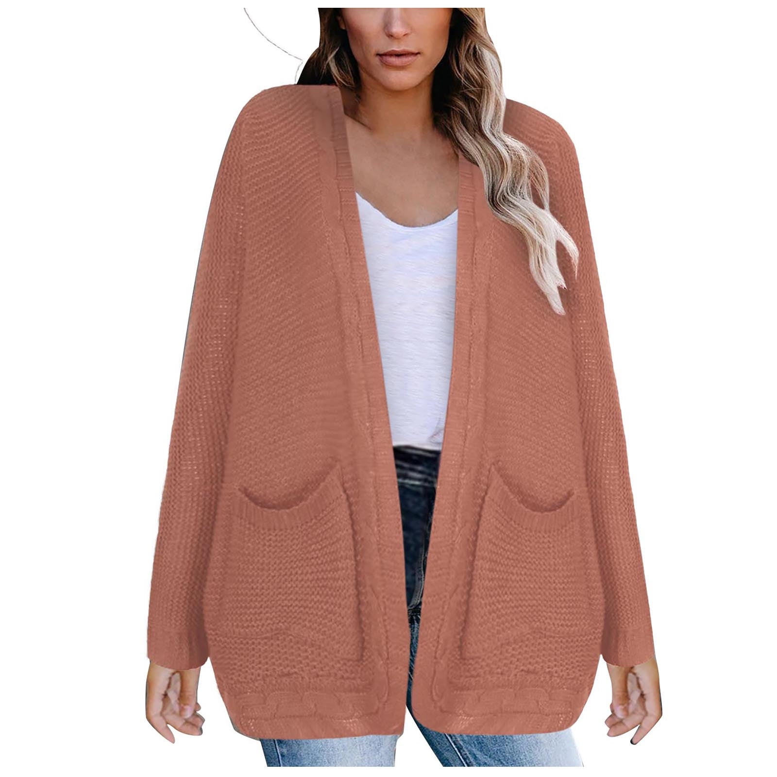 Women's Open Front Cardigan Sweater Solid Long Sleeve Knitted Jackets Casual Soft Loose Outerwear with Pocket