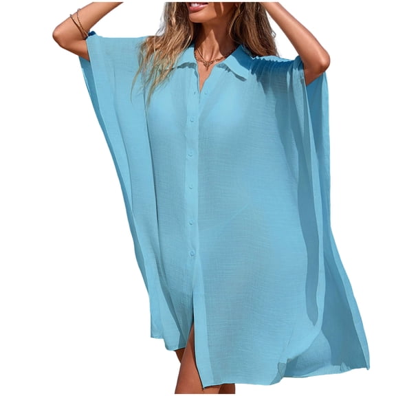 HAiming Women's Oversized Cover up for Swimwear Lapel Collar Loose Button down Outfit Flowy Shirt Dress