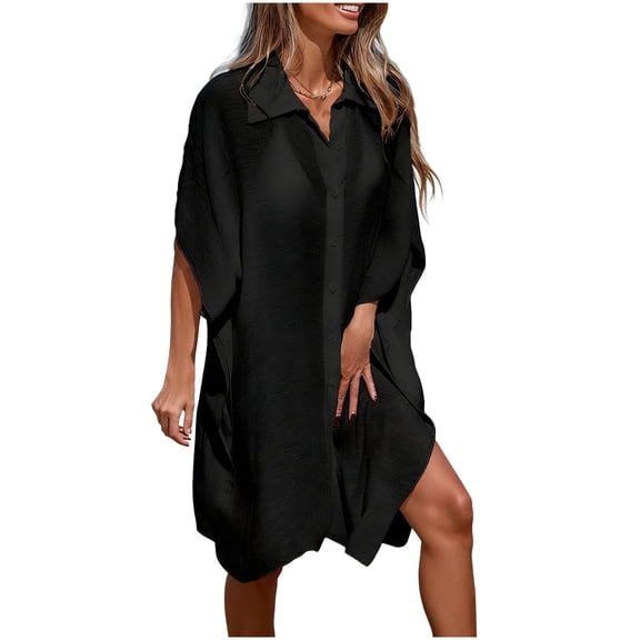 HAiming Women's Oversized Cover up for Swimwear Lapel Collar Loose Button down Outfit Flowy Shirt Dress