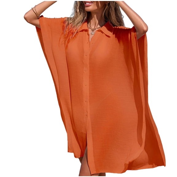 HAiming Women's Oversized Cover up for Swimwear Lapel Collar Loose Button down Outfit Flowy Shirt Dress