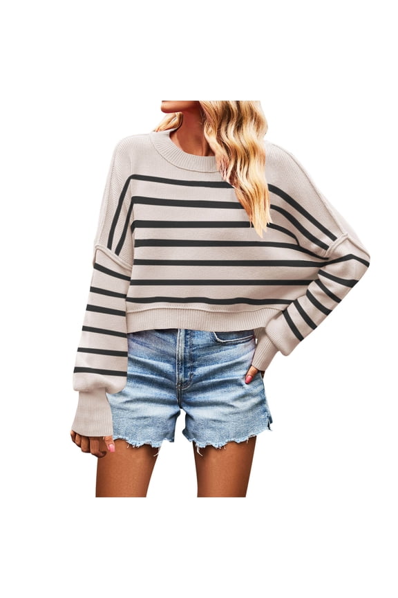 Womens Striped Cropped Sweaters Casual Long Sleeve Crew Neck Fall Loose Pullover Ribbed Knit Tops