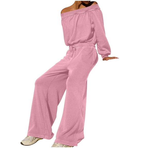 HAiming Women's Oversized Long Sleeve Jumpsuits Trendy off Shoulder Tops Drawstring Wide Leg Rompers Casual Outfits