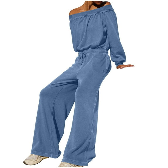 HAiming Women's Oversized Long Sleeve Jumpsuits Trendy off Shoulder Tops Drawstring Wide Leg Rompers Casual Outfits