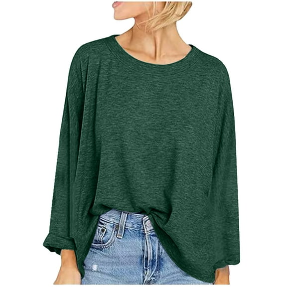 HAiming Women's Oversized Tops Solid Color Round Neck Long Sleeve Pullover Shirts Fall Winter Casual Loose Base Blouse