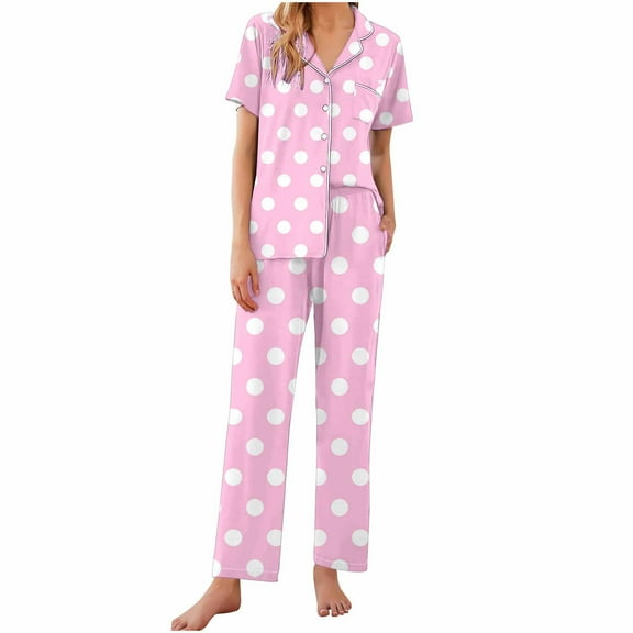 HAiming Women's Pajama Sets Printed Short Sleeve Lapel Button down Sleepwear Pants 2 Piece Outfits Casual Loungewear