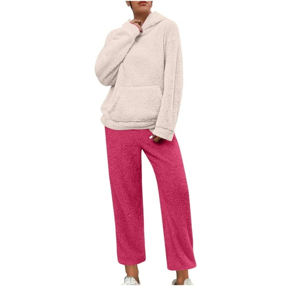 HAiming Women's Pajamas Set Winter Warm Solid Long Sleeve Hooded and Pants Plus Size Casual Comfy 2 Piece Loungewear