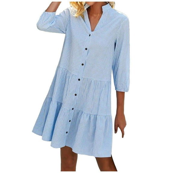 HAiming Women's Plaid Dresses 2025 Fall Casual V Neck 3/4 Sleeve Button down Shirt Loose Tiered Ruffled Mini Dress