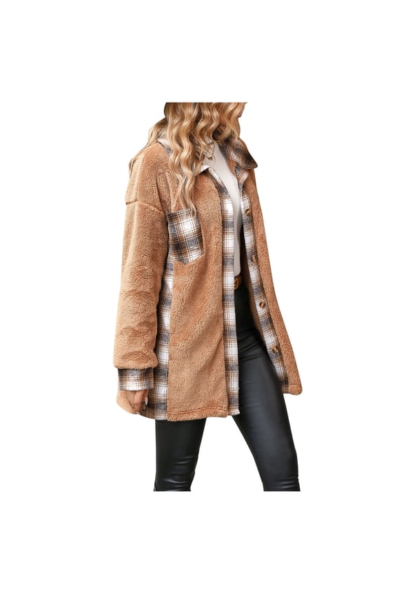 Women's Plaid Plush Jacket Trendy Color Block Long Sleeve Lapel Button down Coats Winter Casual Loose Outwear