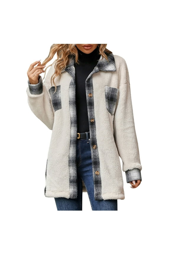 Women's Plaid Plush Jacket Trendy Color Block Long Sleeve Lapel Button down Coats Winter Casual Loose Outwear