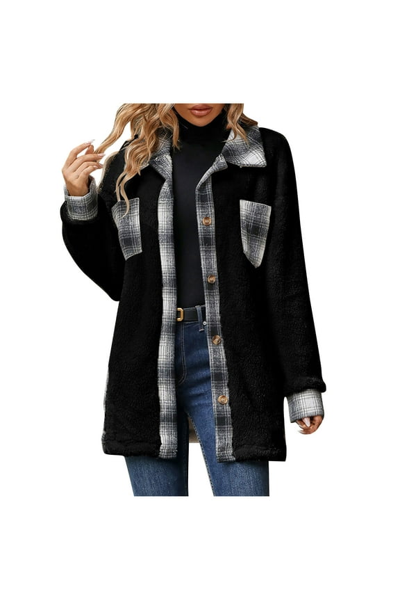 Women's Plaid Plush Jacket Trendy Color Block Long Sleeve Lapel Button down Coats Winter Casual Loose Outwear