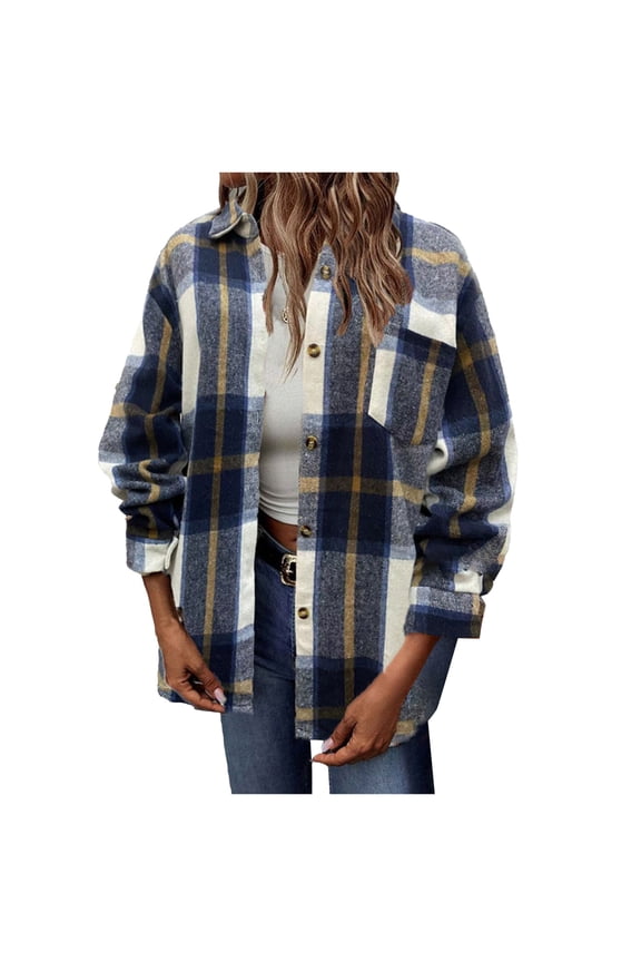 Women's Plaid Shacket Jacket Fall Winter Long Sleeve Button down Shirt Coats 2025 Casual Outerwear with Pocket