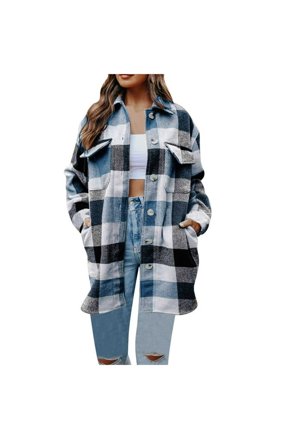 Women's Plaid Woolen Coat Winter Casual Long Sleeved Lapel Button down Loose Medium Long Jacket with Pocket