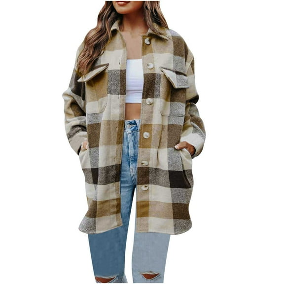 HAiming Women's Plaid Woolen Coat Winter Casual Long Sleeved Lapel Button down Loose Medium Long Jacket with Pocket