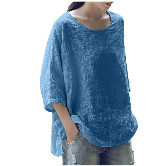 HAiming Women's Plus Size 3/4 Sleeve Shirts Cotton Linen Casual Loose Solid Color Crewneck Tunic Tops Blouses