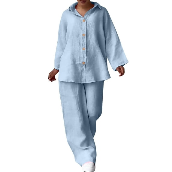 HAiming Women's Plus Size Cotton Linen 2 Piece Outfits Casual Lapel Neck Button Shirt and Wide Leg Pants Loose Set